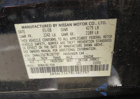 2008 Nissan Altima 2.5 S z USA, uszkodzony, nr VIN 1N4AL21E78C267797